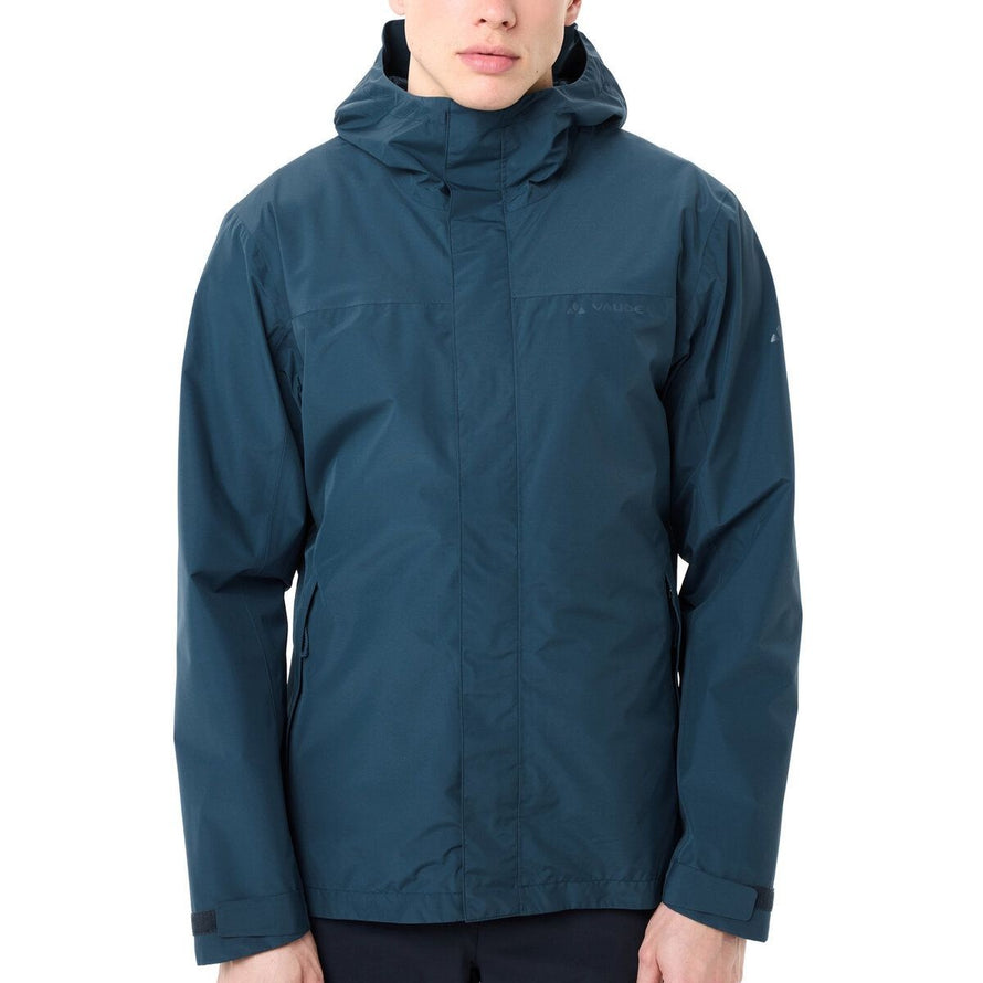 Veste imperméable homme Vaude Strathcona bleu marine avec capuche et fermeture éclair intégrale, idéale pour cyclistes