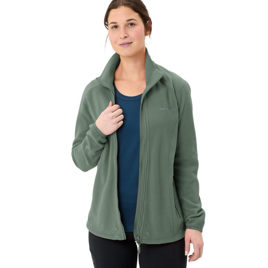 Veste polaire femme Vaude Rosemoor II verte, zip intégral ouvert, idéale pour confort et chaleur outdoor