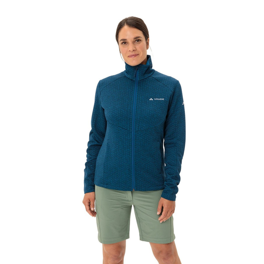 Veste polaire femme Vaude Skomer SC bleu avec zip ouvert, idéale pour randonnée et confort outdoor