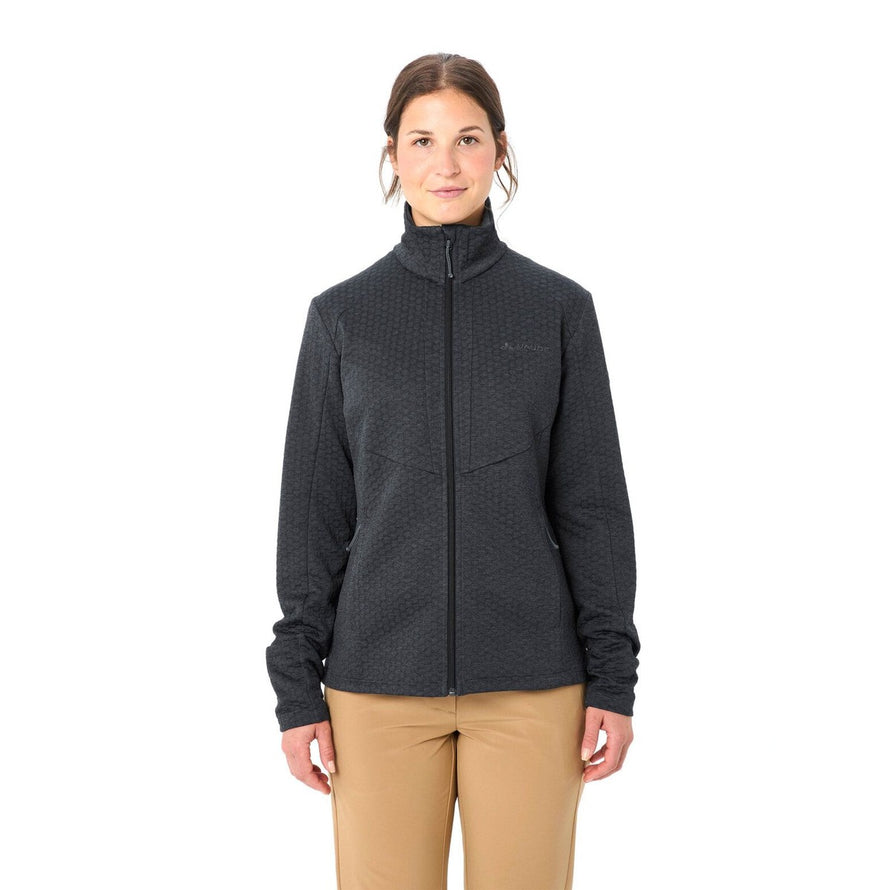 Veste polaire femme Vaude Skomer SC noire avec zip intégral, idéale pour randonnée et confort outdoor