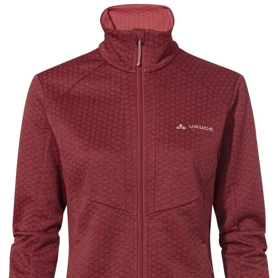 Veste polaire femme Vaude Skomer SC rouge avec zip intégral, idéale pour randonnée et confort outdoor