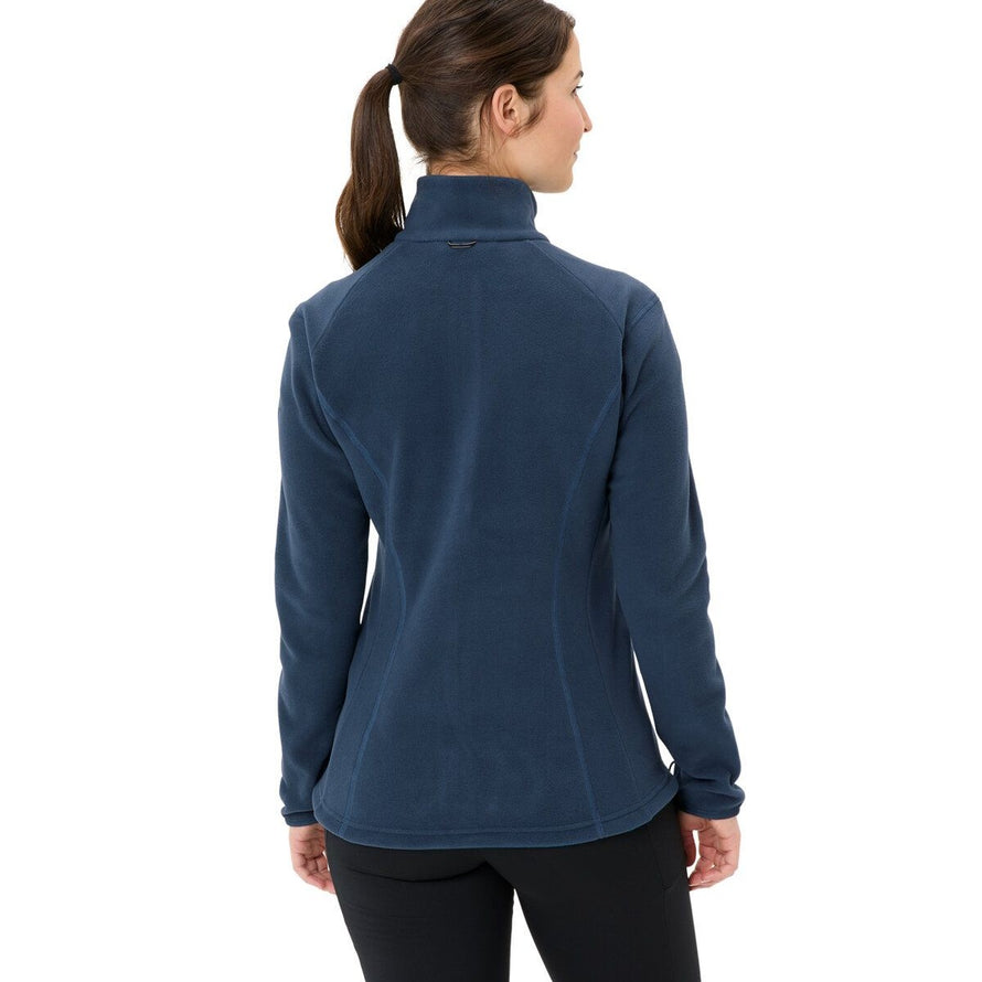 Dos de la veste polaire femme Vaude Rosemoor II bleu marine, coupe ajustée pour confort et chaleur en extérieur