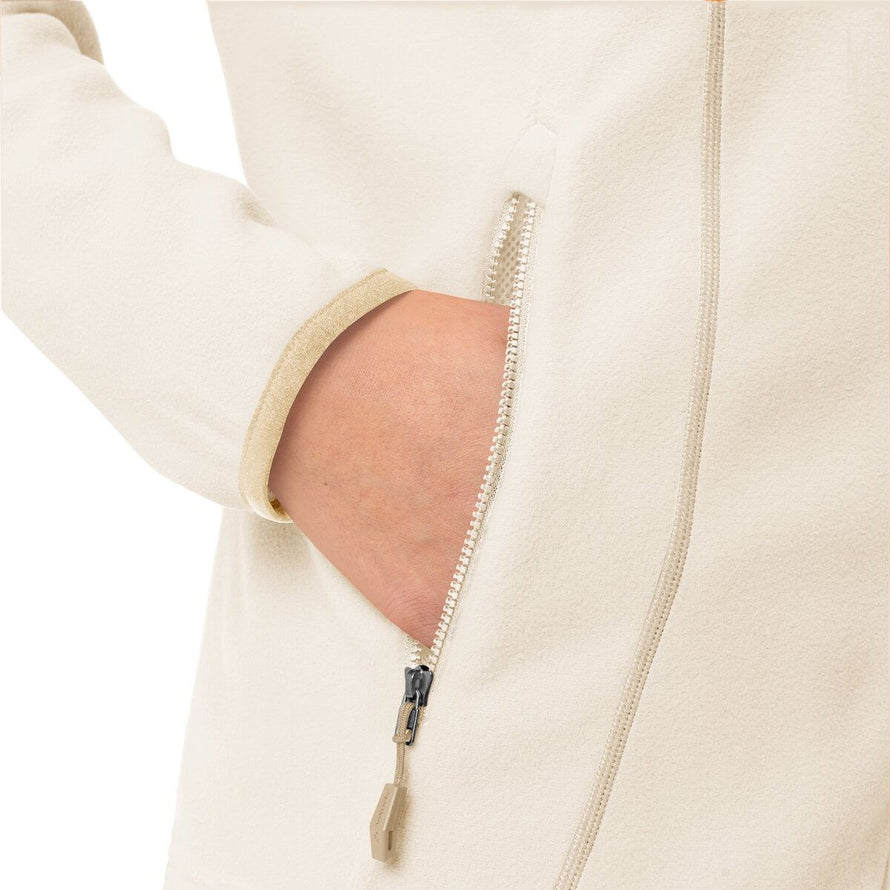 Veste polaire femme Vaude Rosemoor II ecru avec zip sur poche pour un maintien sécurisé et chaleur optimale
