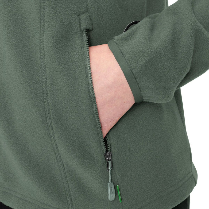 Veste polaire femme Vaude Rosemoor II verte avec zip et poches sécurisées pour confort et chaleur lors d'activités outdoor