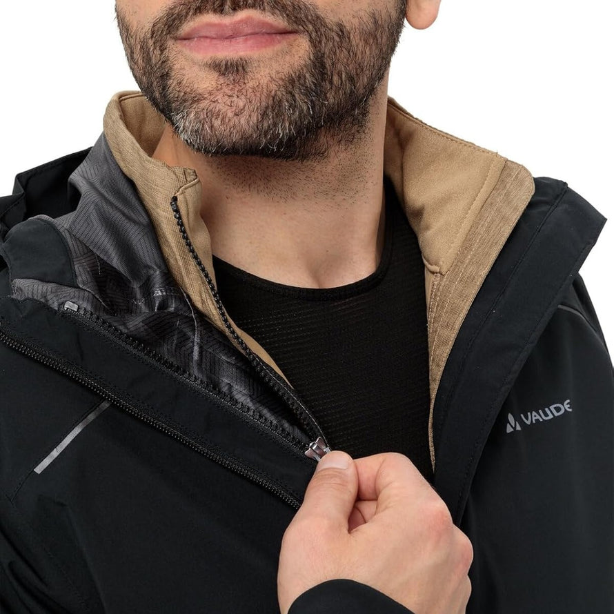 Détail fermeture zip veste vélo homme Vaude Yaras 3 en 1 noire et beige, pratique et résistante pour cyclisme