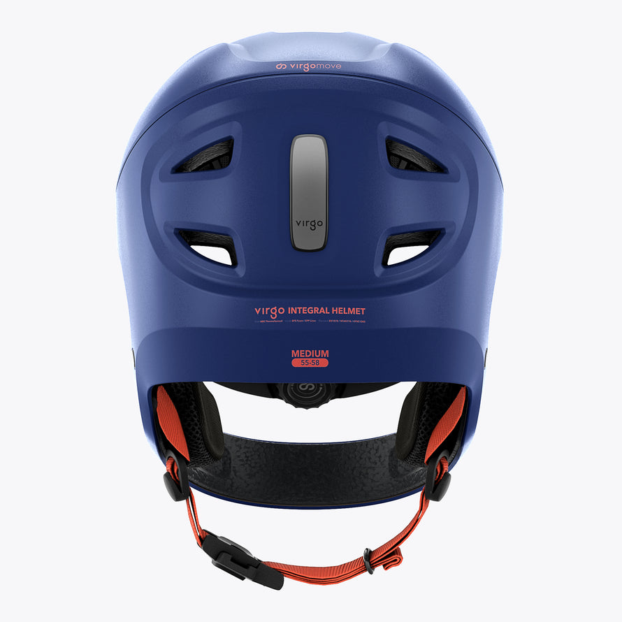 casque velo enfant virgo kid integral bleu vue arriere avec mentonniere protectrice