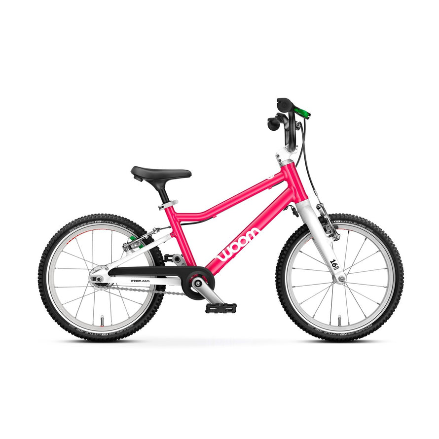 Velo enfant 16 pouces Woom GO 3 Automagic cadre rose ergonomique pour enfants de 4 a 6 ans