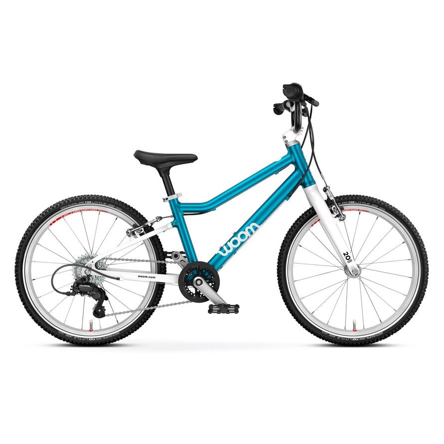 Velo enfant 20 pouces Woom GO 4 bleu blanc avec 4 vitesses intuitives pour enfants de 6 a 8 ans