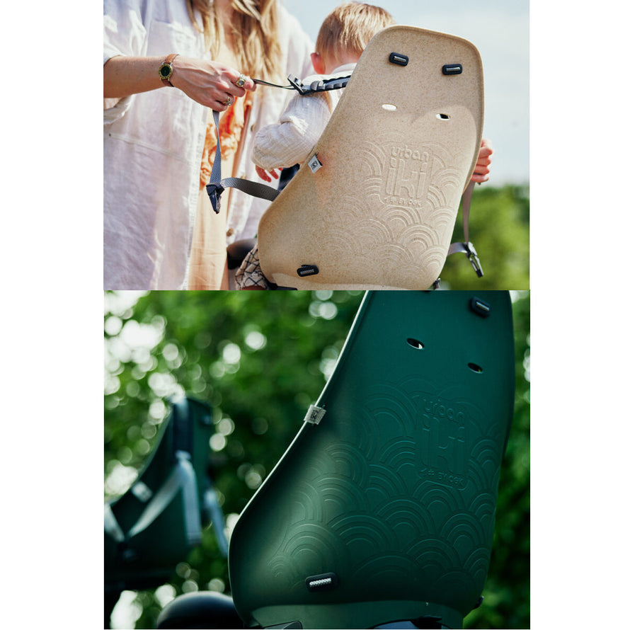 Siège vélo enfant arrière Urban Iki bio vert sur porte-bagages